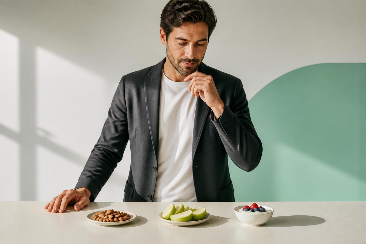 Persona eligiendo una opción saludable para comer entre horas en el trabajo.