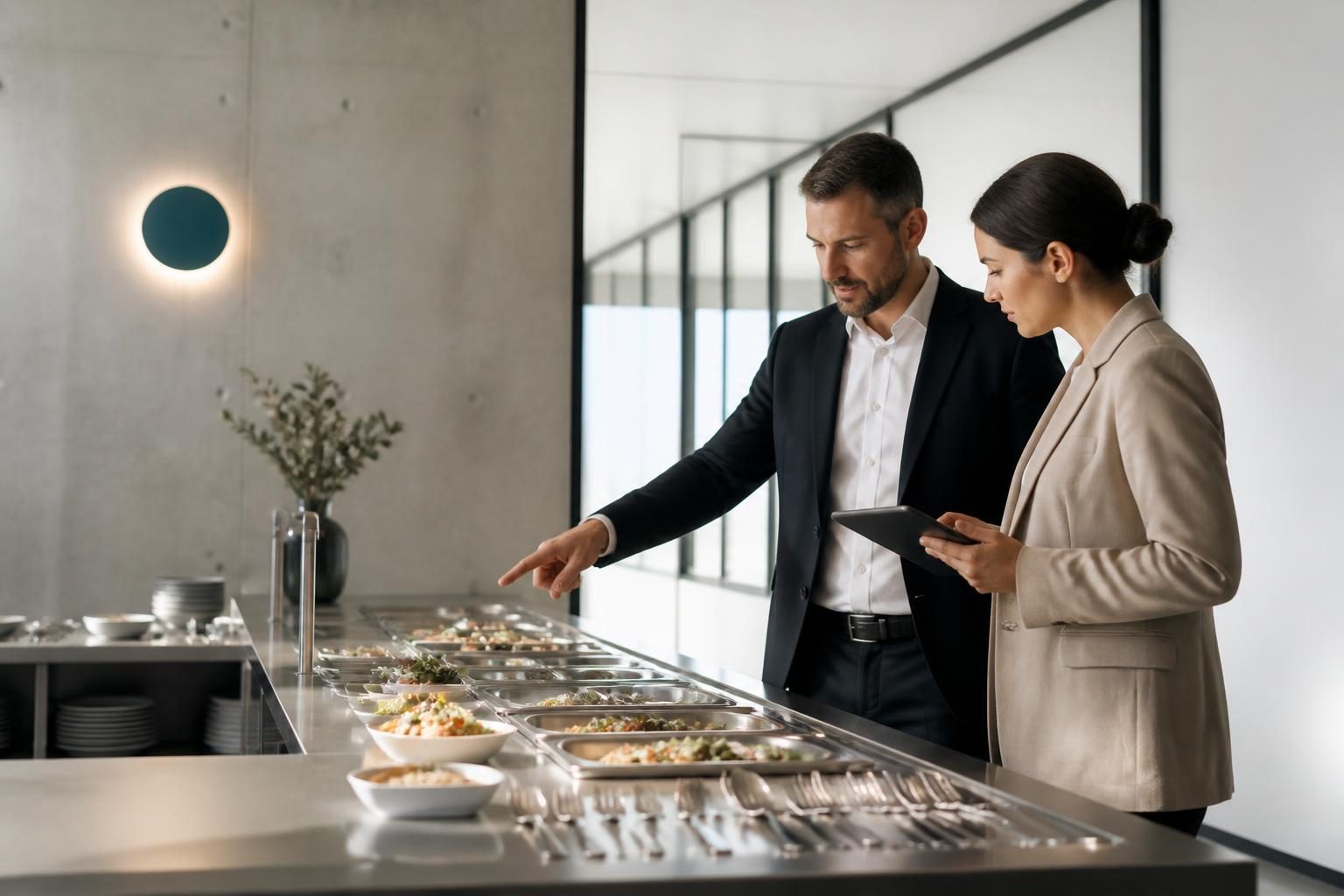 Comedor empresarial ordenado con sensación de control y limpieza