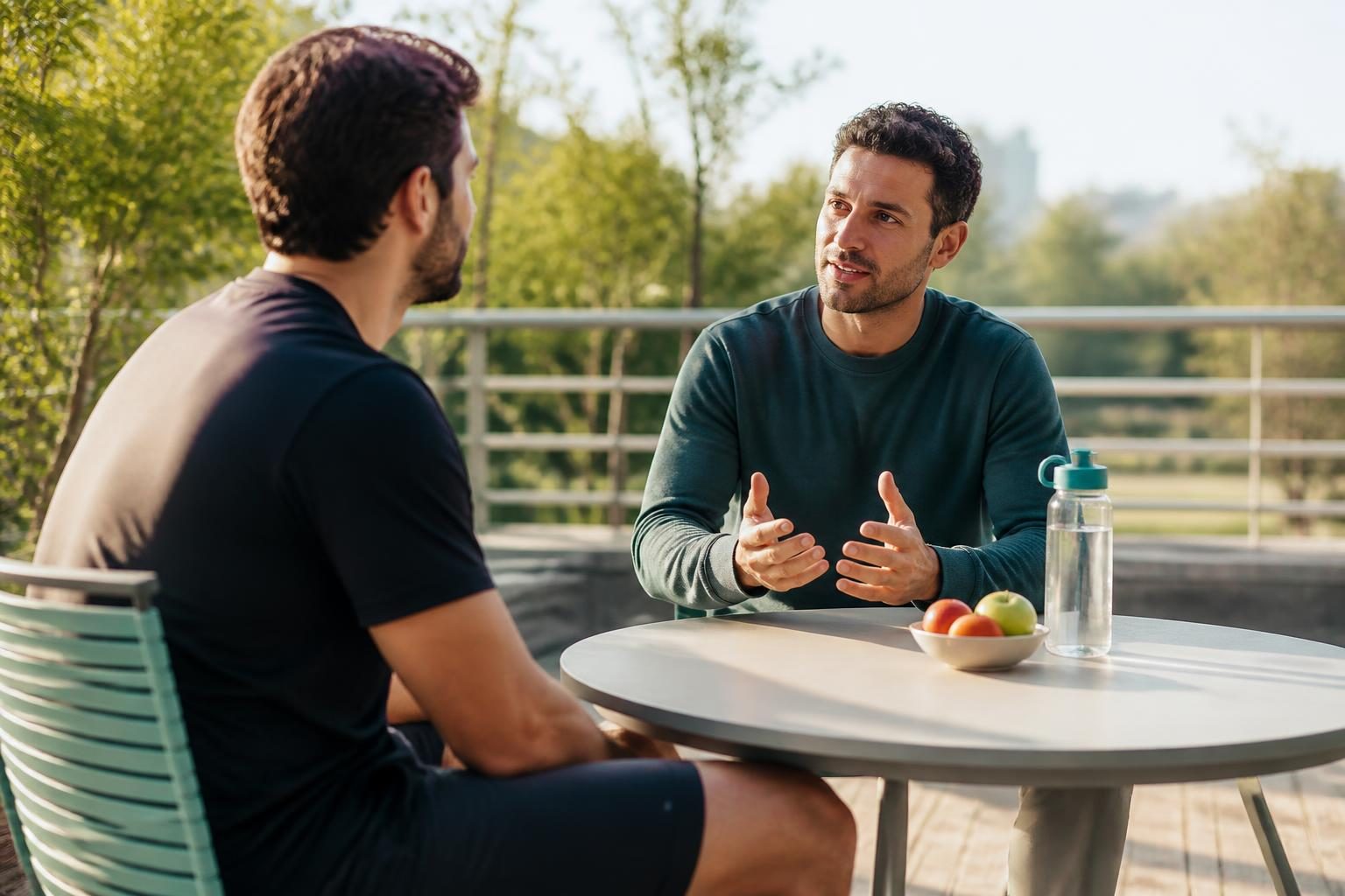 Conversación tranquila entre un profesional y un atleta sobre alimentación