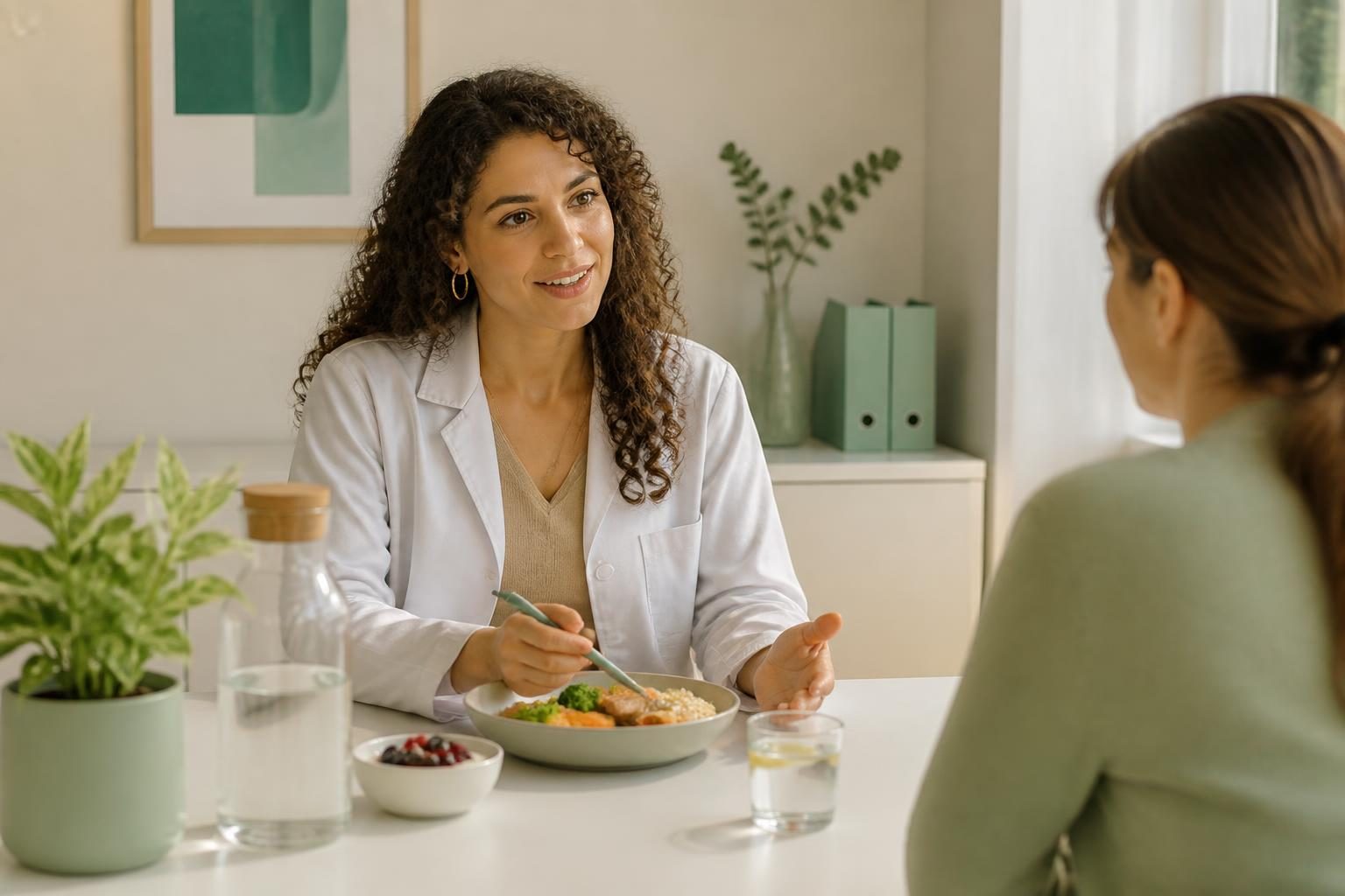 Mesa ordenada con agenda y alimentos simples representando un plan adaptado a la rutina