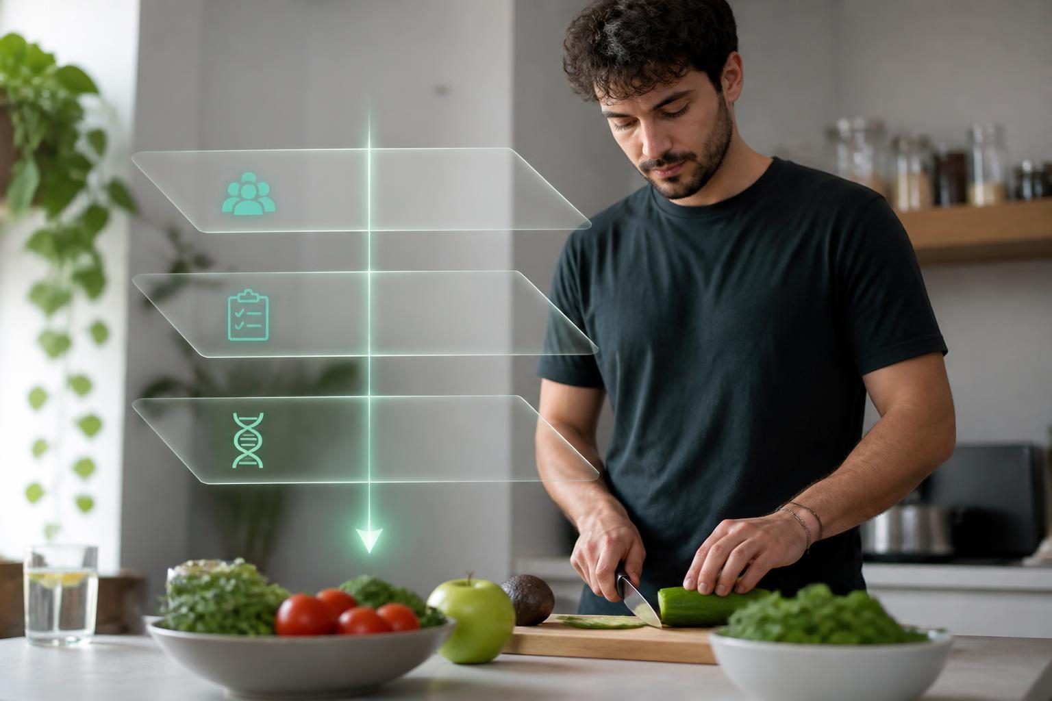 Metáfora visual de cómo la genética suma una capa de análisis en nutrición