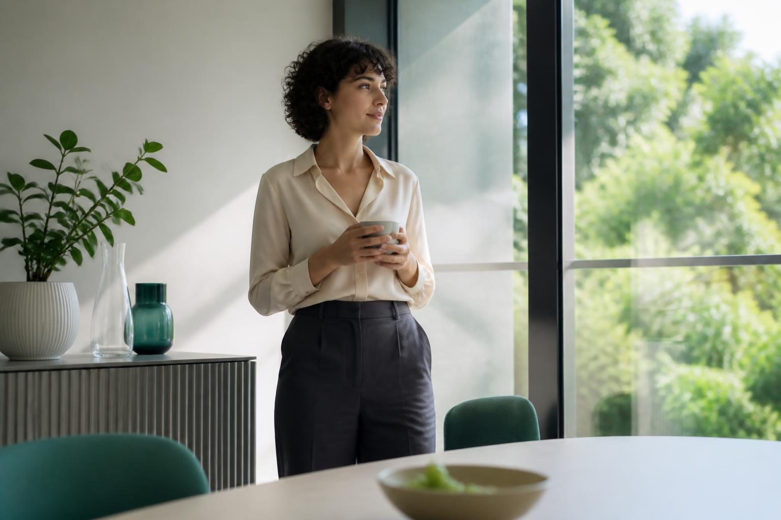 Persona en oficina haciendo una pausa consciente para comer