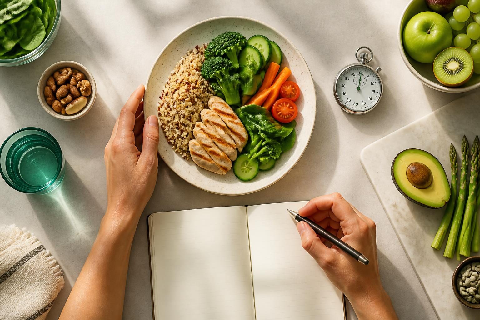 Composición editorial que representa un plan de alimentación equilibrado y fácil de seguir.