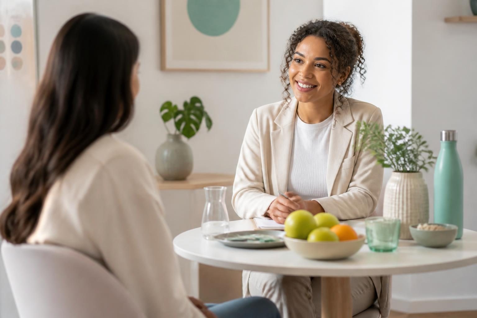 Escena editorial de planificación y acompañamiento en hábitos de nutrición